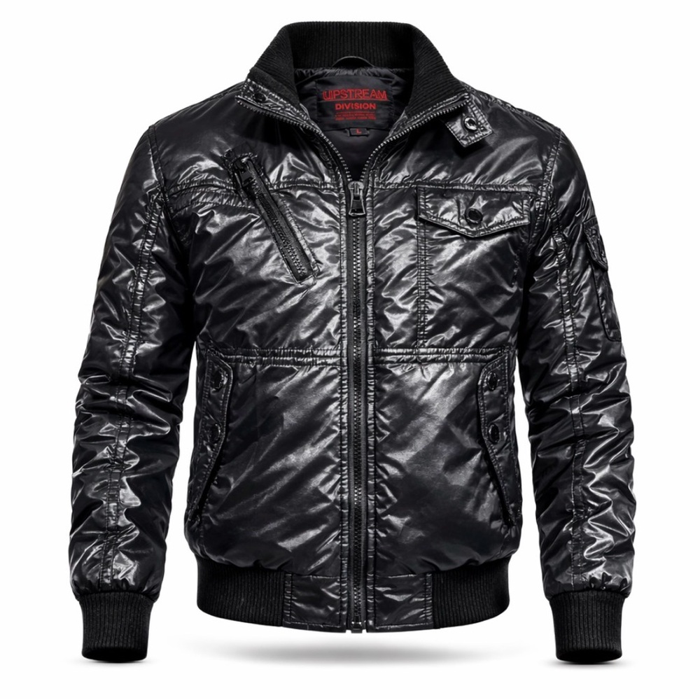 Upstream Division Black Puffer Jacket Mens Large Bomber Coat Zip